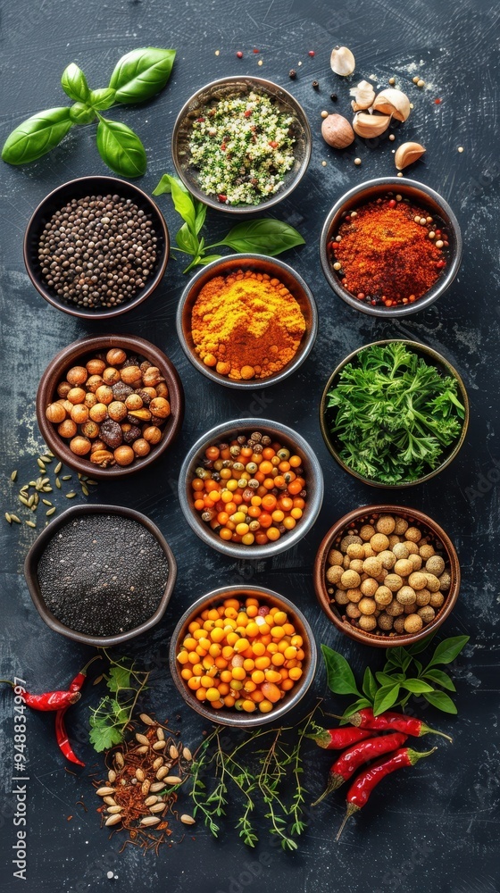 Colorful Collection of Spices and Herbs on Black Surface Colorful Collection of Spices and Herbs on Black Surface