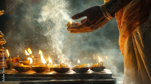 Hindu priest performing a Diwali puja with incense and diyas during the festival of lights in a serene atmosphere