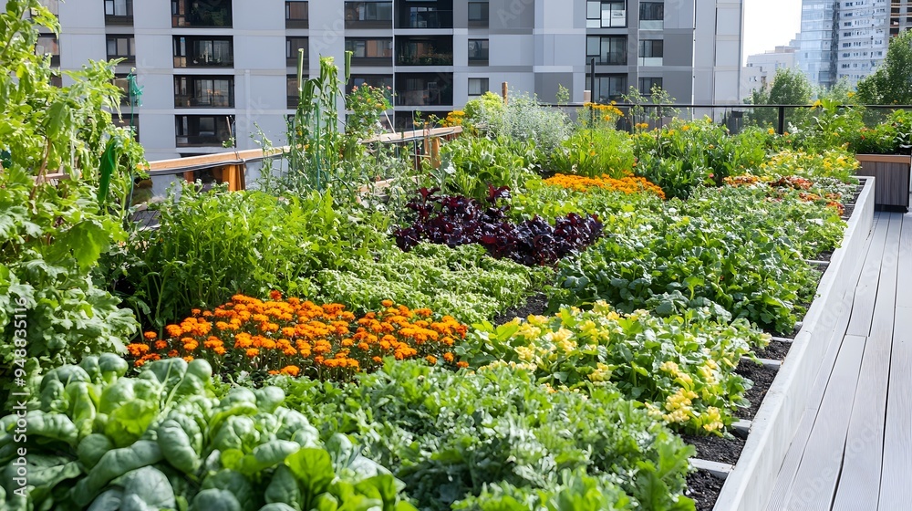 Sustainable living.. A vibrant urban rooftop garden showcasing a variety of colorful vegetables and flowers, promoting sustainability and green living. Sustainable living.. A vibrant urban rooftop garden showcasing a variety of colorful vegetables and flowers, promoting sustainability and green living.