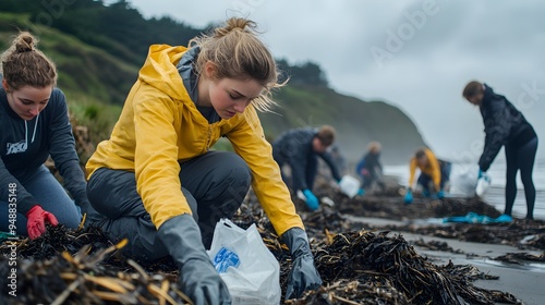 Sustainable living.. A group of environmentally-conscious volunteers works together to clean up seaweed and debris from a stormy beach, promoting ocean conservation efforts.  photo