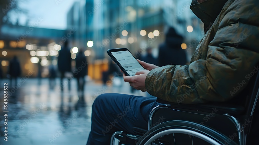 Tech accessibility. A person in a wheelchair uses a tablet in a bustling urban setting during the evening, capturing the integration of technology and accessibility in daily life. Tech accessibility. A person in a wheelchair uses a tablet in a bustling urban setting during the evening, capturing the integration of technology and accessibility in daily life.