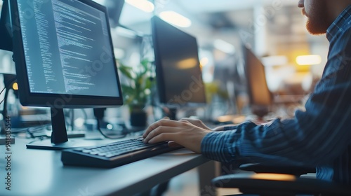 Tech accessibility. A focused individual is typing on a computer keyboard in a modern workspace filled with multiple monitors displaying coding and programming data.