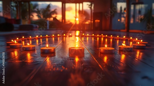 A room with a large circle of candles lit up