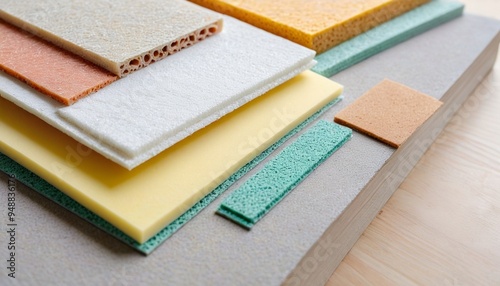 A close-up view of different types of insulation materials arranged on a table, including foam boards, fiberglass, and spray foam, showcasing their use in energy efficiency, Generative AI