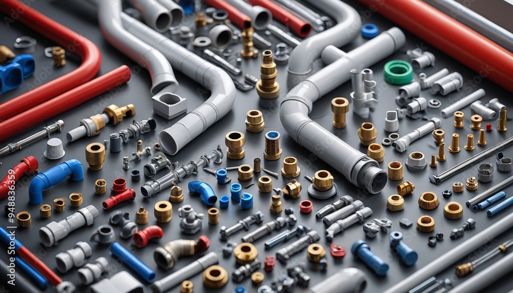 An organized display of plumbing materials on a table, including pipes, fittings, and valves, illustrating the components essential for constructing plumbing systems, Generative AI