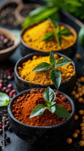 Colorful Spice Bowls With Fresh Herbs on Dark Table