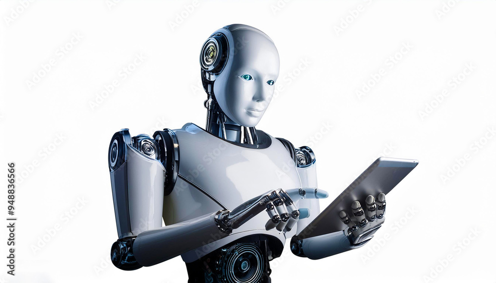 Ai robot using tablet isolate on white background Ai robot using tablet isolate on white background