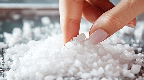 Highangle shot of a person dipping their finger in salt and gently applying it to their gums photo