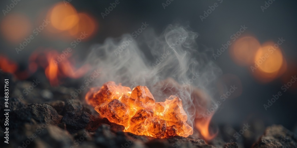 Glowing embers in close-up view with smoky mist. Glowing embers in close-up view with smoky mist.