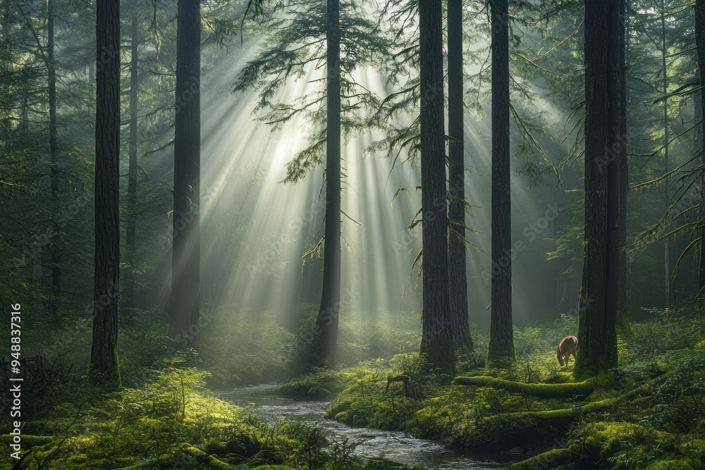 Obraz premium Sunbeams Illuminating a Misty Forest with a Deer by a Creek