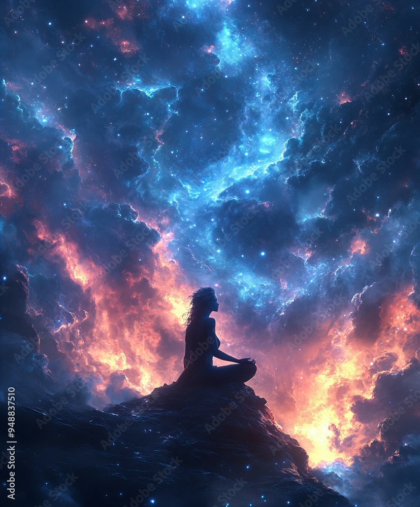 Serene silhouette of a woman meditating against a vivid cosmic background, capturing calmness, tranquility, and inner peace, new beautiful stock image illustration AI Serene silhouette of a woman meditating against a vivid cosmic background, capturing calmness, tranquility, and inner peace, new beautiful stock image illustration AI
