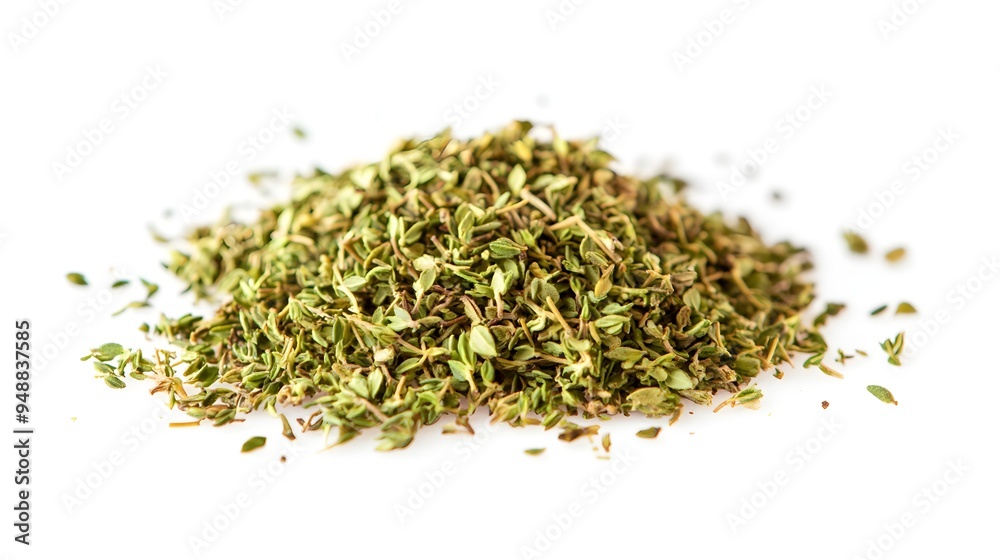 thyme spice ingredient on a white background. Thyme spice ingredient on a white backgroundready for cooking with. A close-up view of a generous pile o thyme spice ingredient on a white background. Thyme spice ingredient on a white backgroundready for cooking with. A close-up view of a generous pile o
