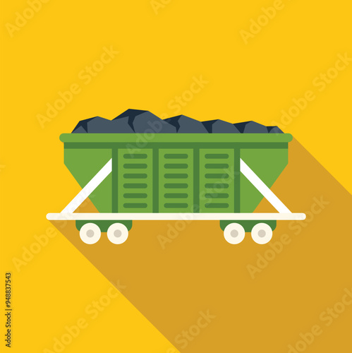 Green mining rail car transporting coal for energy generation and industrial use, flat vector illustration with long shadow