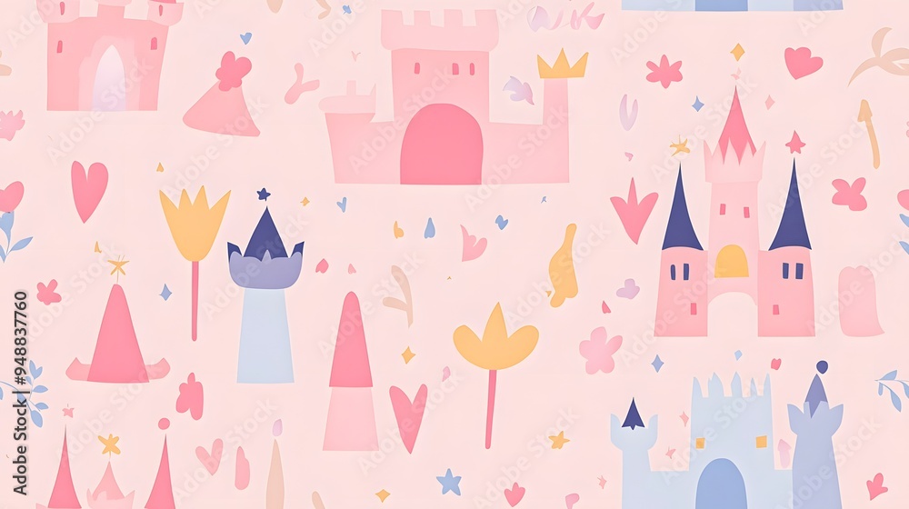 Tiling pattern of princess castles, crowns, and magical wands on a soft pink background, enchanting a