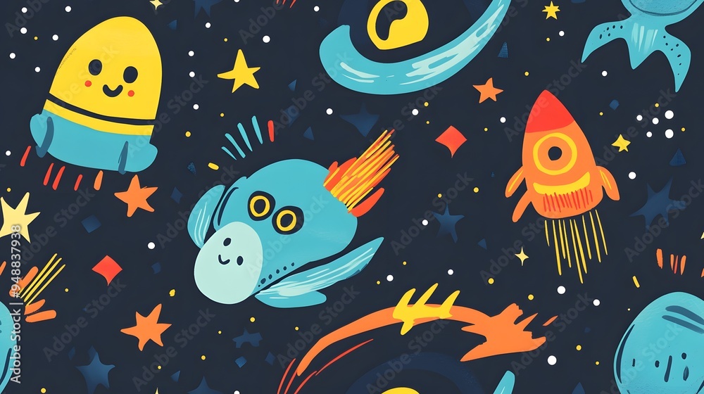 Tiling wallpaper featuring space exploration themes with aliens, UFOs, and stars in a fun, imaginativ Tiling wallpaper featuring space exploration themes with aliens, UFOs, and stars in a fun, imaginativ