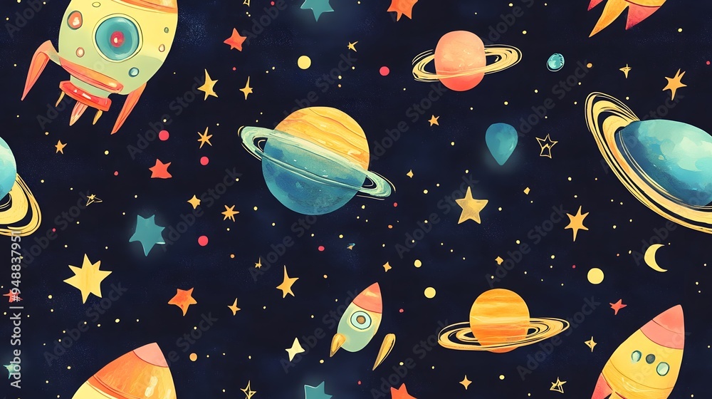 tiling wallpaper featuring space exploration th. Tiling wallpaper featuring space exploration themes with aliens, UFOs, and stars in a fun, imaginativ tiling wallpaper featuring space exploration th. Tiling wallpaper featuring space exploration themes with aliens, UFOs, and stars in a fun, imaginativ