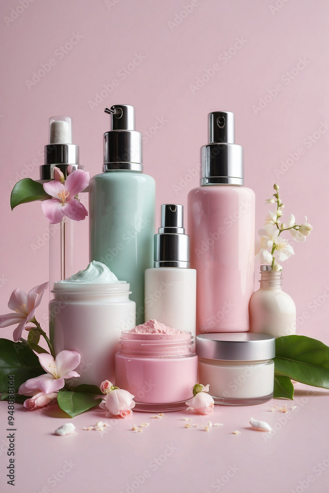 Variety of Cosmetic Products Elegantly Placed on a Light Pink Background with White Jasmine Flowers Variety of Cosmetic Products Elegantly Placed on a Light Pink Background with White Jasmine Flowers