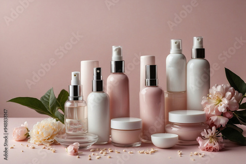 Variety of Cosmetic Products Elegantly Placed on a Light Pink Background with White Jasmine Flowers