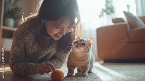 woman playing with her cat on carpet in living room, pets owner relationship concept