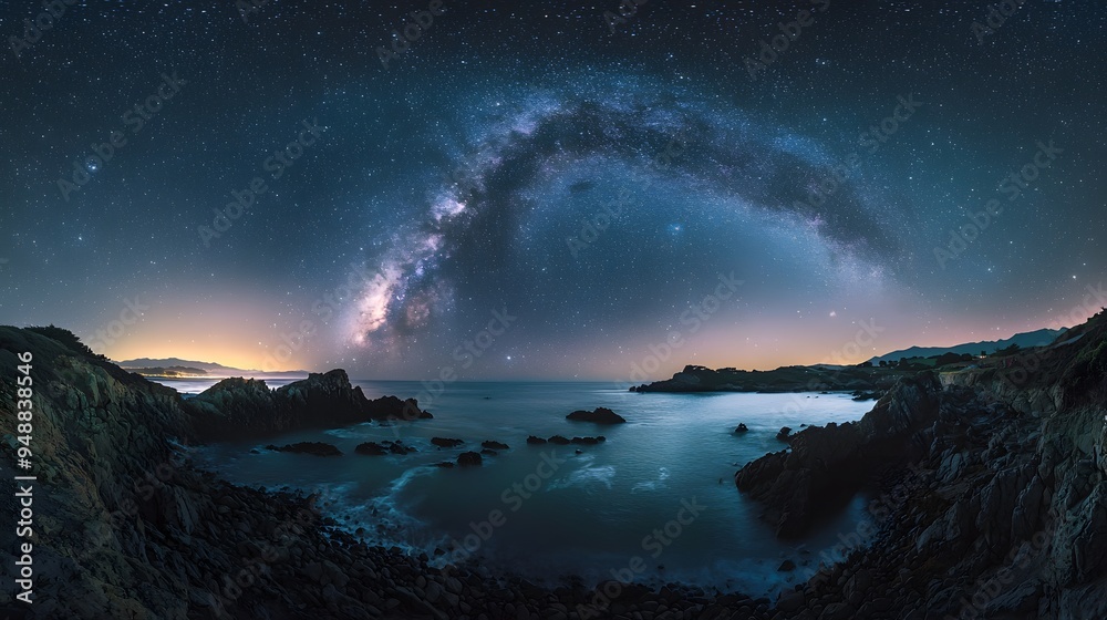 A wide-angle lens photographing the Milky Way in a calm and serene night, showcasing the beauty of the galaxy A wide-angle lens photographing the Milky Way in a calm and serene night, showcasing the beauty of the galaxy