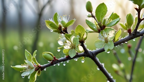 Tiny apple buds sprouting from their branches, with morning dew adding a touch of sparkle to the fresh and tender growth, heralding the start of spring, Generative AI