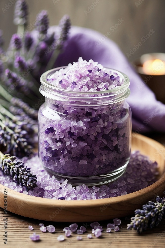 Lavender Bath Salt and Fresh Lavender Flowers on a Wooden Tray, Creating a Cozy Spa Atmosphere Lavender Bath Salt and Fresh Lavender Flowers on a Wooden Tray, Creating a Cozy Spa Atmosphere