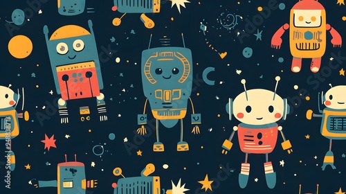 Space robots seamless tiling wallpaper in a fun, kid-friendly style.