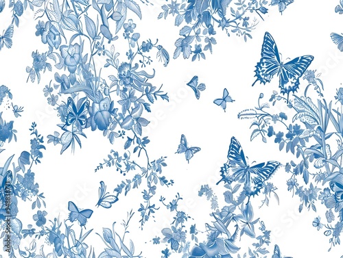 Toile butterflies pattern  in french country garden. A stunning seamless pattern featuring intricate blue floral motifs and various butterflies on a white back