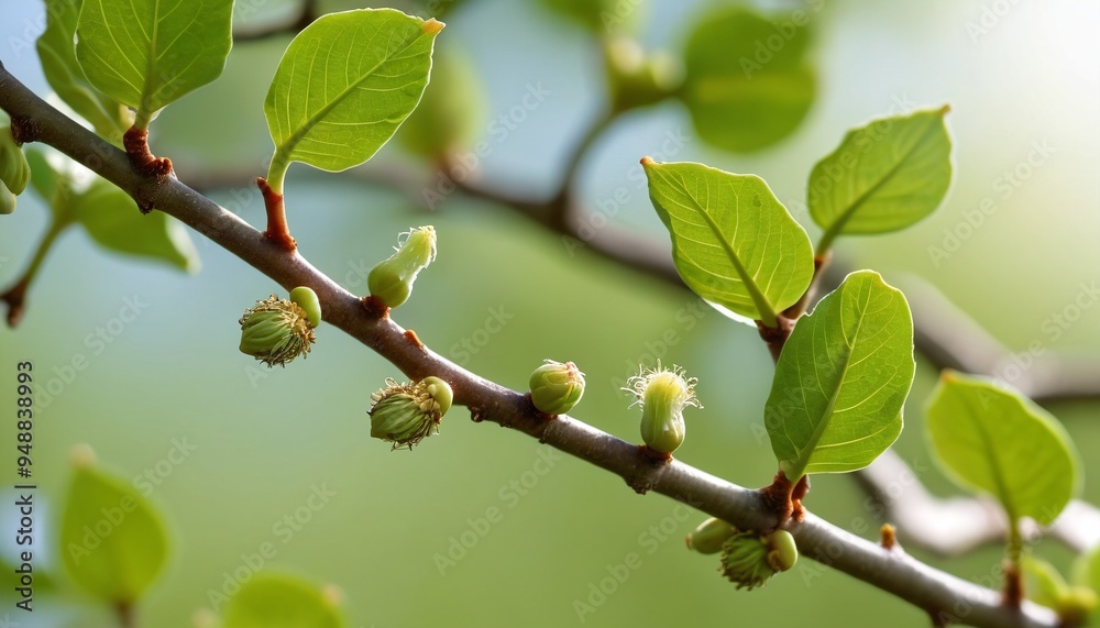 New fig buds emerging on a tree, with their soft green leaves unfurling and signaling the arrival of the spring season, Generative AI New fig buds emerging on a tree, with their soft green leaves unfurling and signaling the arrival of the spring season, Generative AI