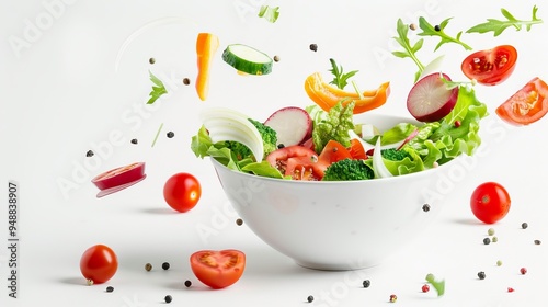 Sliced vegetables falling into bowl with salad on white background 