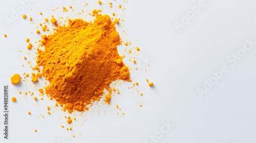 turmeric spice ingredient on a white background. Turmeric spice ingredient on a white backgroundready for cooking with. A vibrant pile of yellow turme photo