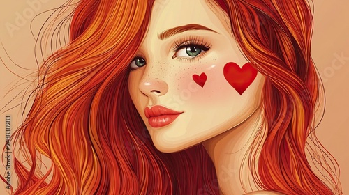 National Love Your Red Hair Day banner. Red-haired beautiful girl with a heart on her cheek. Vector illustration generative ai