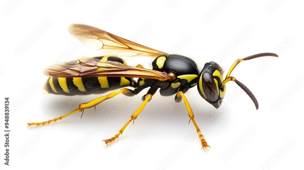 wasp insect on a pure white background. Wasp insect on a pure white background -. A close-up image of a vividly detailed black and yellow wasp against wasp insect on a pure white background. Wasp insect on a pure white background -. A close-up image of a vividly detailed black and yellow wasp against