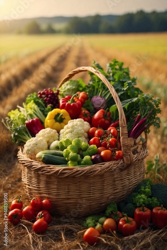 Obraz na płótnie Beautiful Basket Full of Fresh Vegetables Standing in a Green Field, Symbolizing Abundance and Joy w salonie
