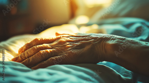 A closeup of a hand resting lifelessly on a bed, with soft lighting and a blurred background, evoking the suddenness and tragedy of the condition, sudden passing, emotional impact photo