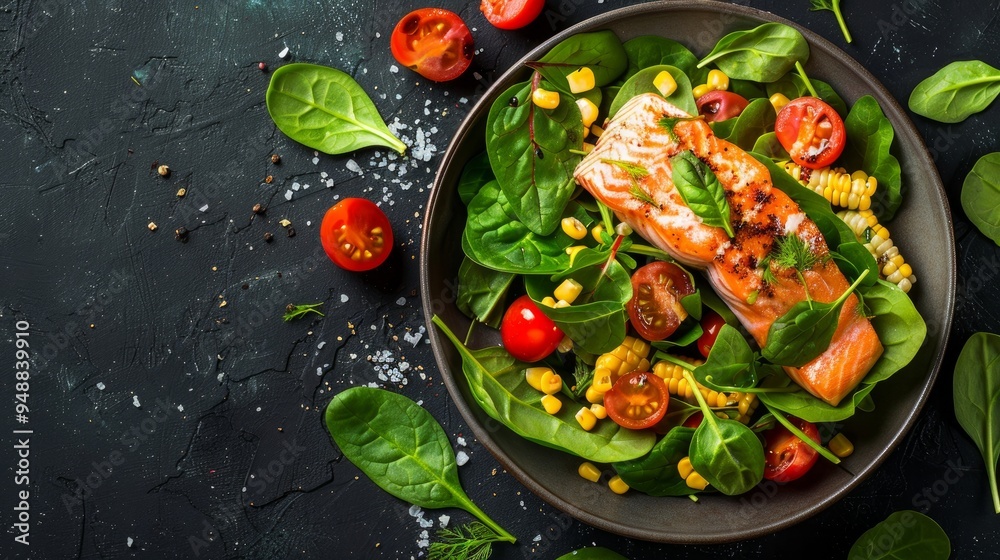 Salmon Salad with spinach, cherry tomatoes, corn salad, baby spinach, fresh mint and basil. Home made food. Concept for a tasty and healthy meal. Dark stone background. Top view. Copy space. Salmon Salad with spinach, cherry tomatoes, corn salad, baby spinach, fresh mint and basil. Home made food. Concept for a tasty and healthy meal. Dark stone background. Top view. Copy space.
