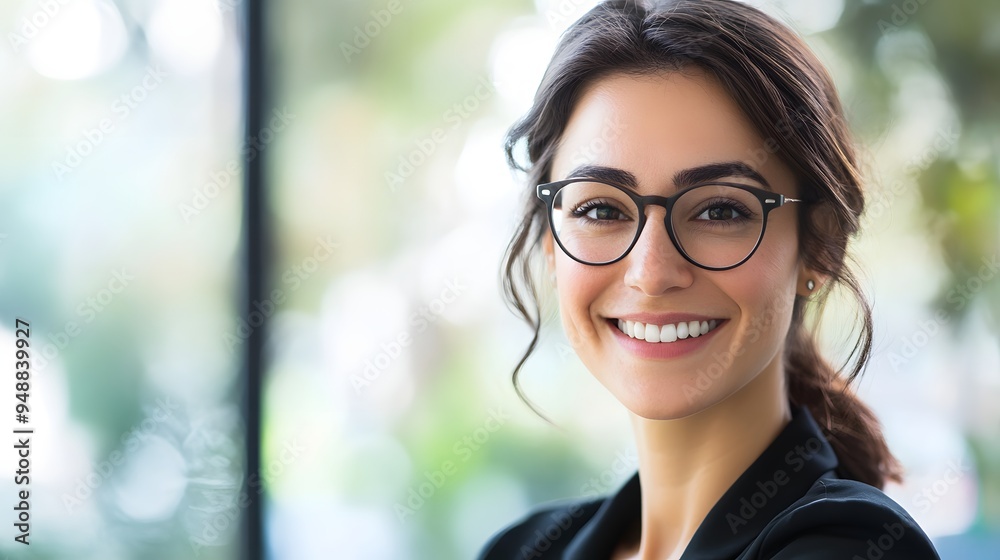 Woman career professional. A cheerful young woman with glasses smiles confidently in a modern office setting, showcasing professionalism and approachabil Woman career professional. A cheerful young woman with glasses smiles confidently in a modern office setting, showcasing professionalism and approachabil