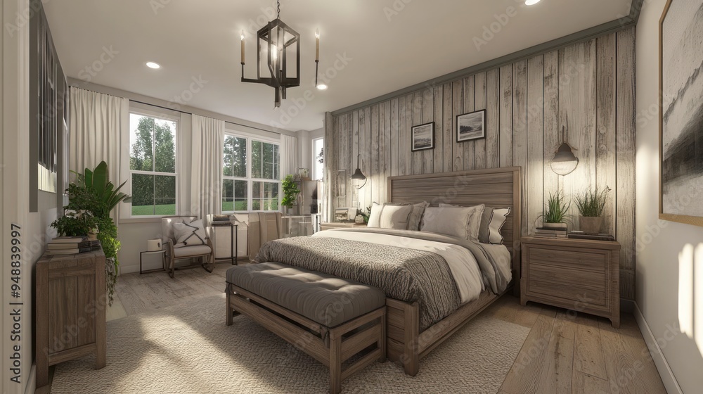 Fototapeta premium Rustic bedroom interior design with wood accents and natural light.
