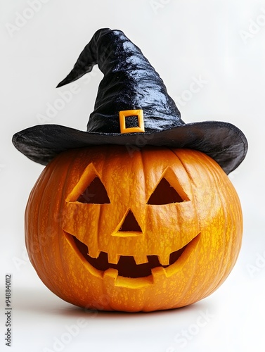 Halloween Jack-o'-Lantern with Witch Hat on white background 