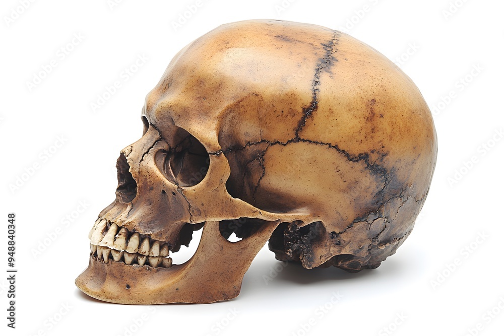 Fototapeta premium Aged Human Skull Isolated on White Background 