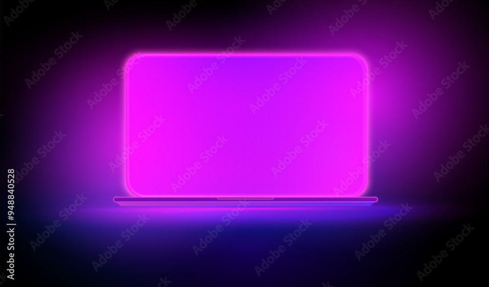 Neon computer with a pink screen. Dark room with pink and blue lighting. Technology background with a laptop. Cyber gaming pc. Vector illustration. Neon computer with a pink screen. Dark room with pink and blue lighting. Technology background with a laptop. Cyber gaming pc. Vector illustration.