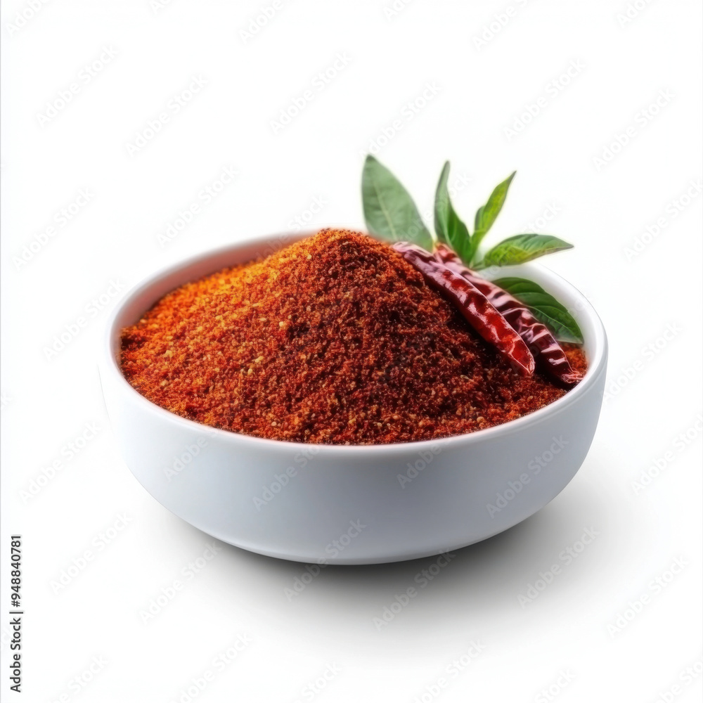 A white bowl filled with red chili powder, garnished with a dried chili pepper and green leaves, isolated on a white background. A white bowl filled with red chili powder, garnished with a dried chili pepper and green leaves, isolated on a white background.