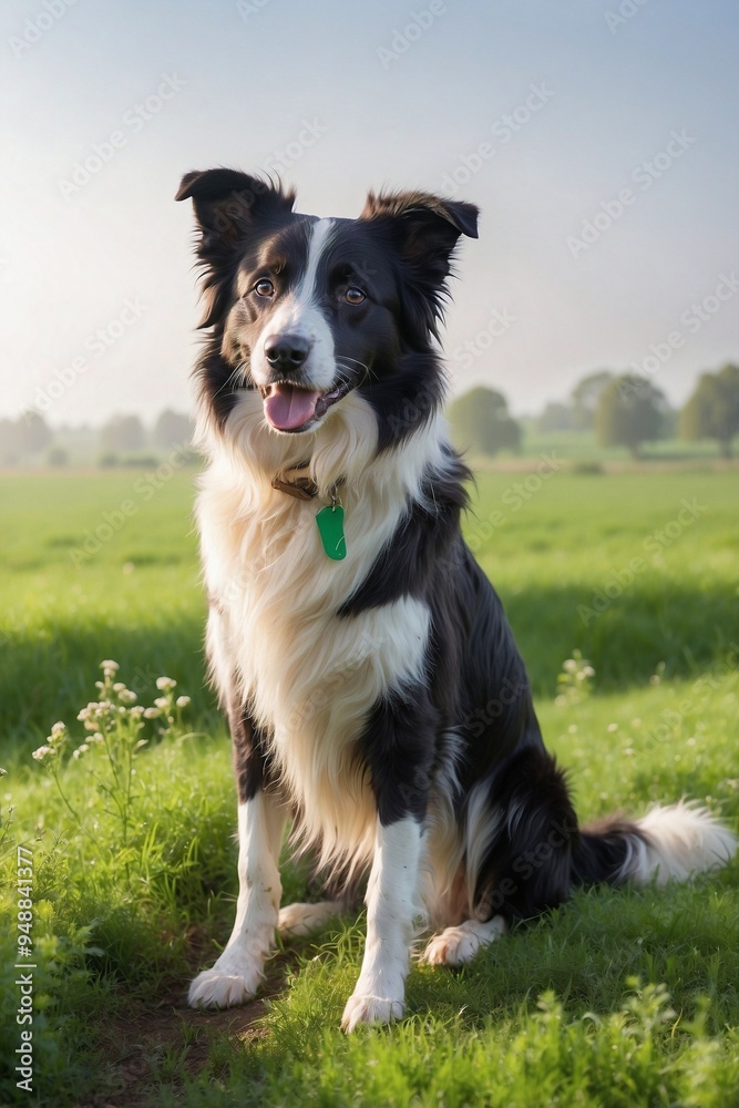Beautiful and Cute Border Collie Sitting on Top of a Lush Green Field on a Spring Morning Beautiful and Cute Border Collie Sitting on Top of a Lush Green Field on a Spring Morning
