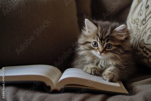 Curious Kitten Reading a Book: Adorable Feline Exploration and Cozy Home Vibes