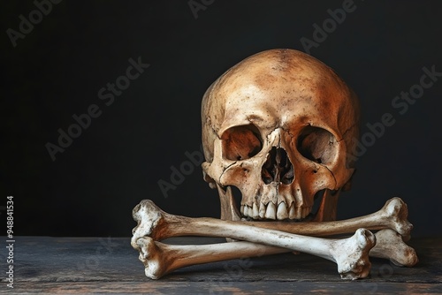 Human Skull and Crossed Bones on Wooden Table with Dark Background
