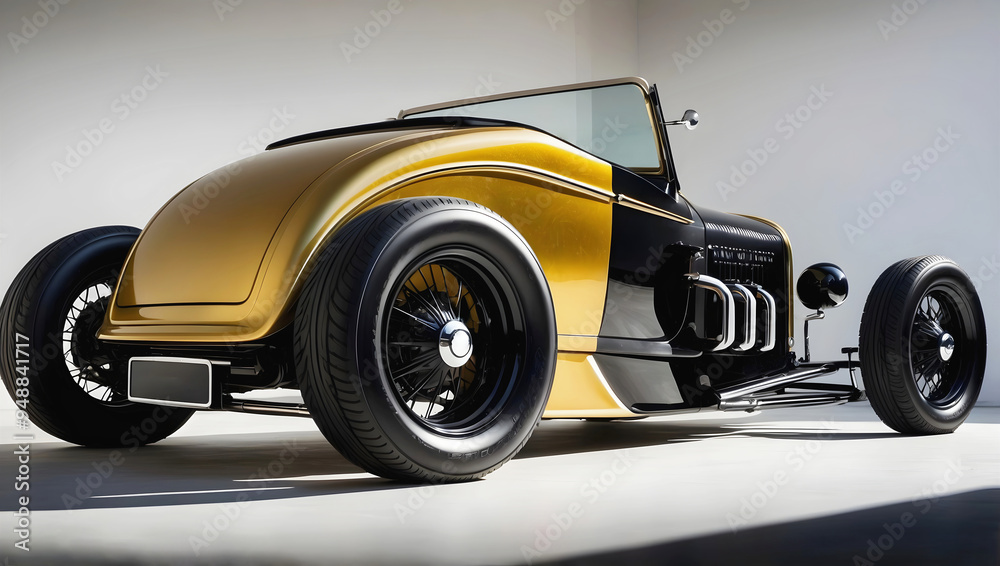 Beautiful unique golden yellow vintage hot rod car, automotive background, tuning template, wallpaper, auto transport