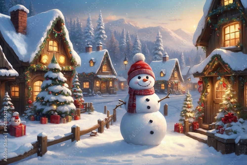 Obraz premium Cute Little Snowman in Hat, with an Adorable Smile, Standing in Front of a Christmas Village