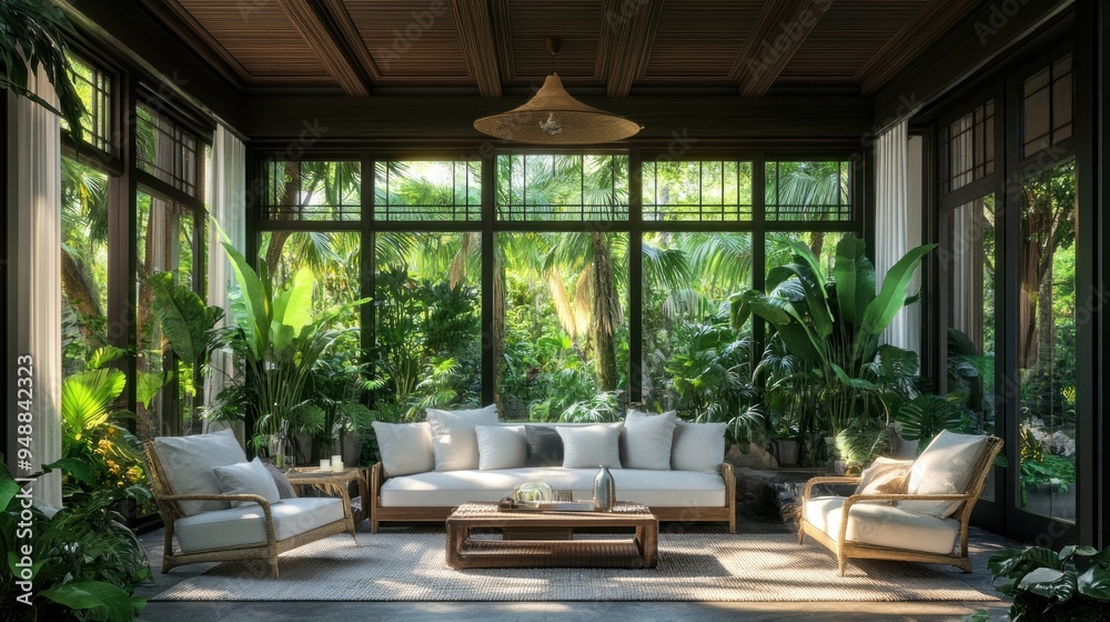 Fototapeta premium Tropical Sunroom with White Couches.