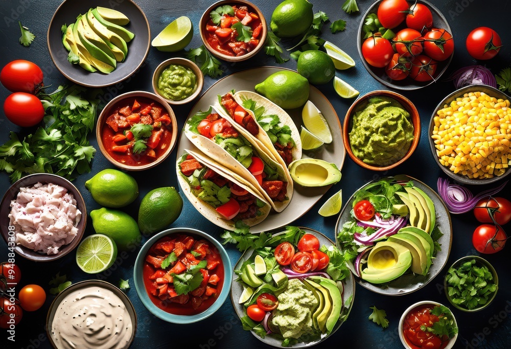 vibrant taco ingredients artfully arranged colorful plates featuring fresh flavorful bright sauces, vegetables, proteins, food, arrangement, culinary vibrant taco ingredients artfully arranged colorful plates featuring fresh flavorful bright sauces, vegetables, proteins, food, arrangement, culinary