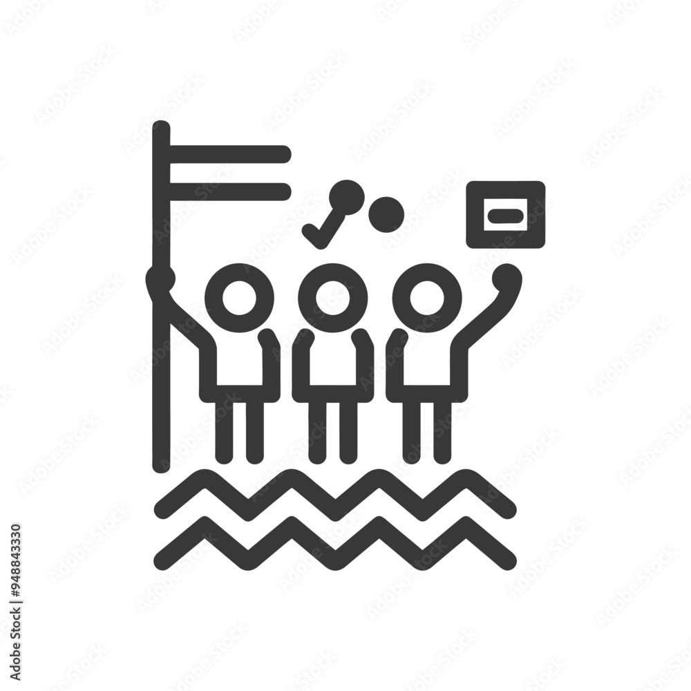 Three Stick Figures Raising a Flag and Holding a Certificate Above Wavy Lines Three Stick Figures Raising a Flag and Holding a Certificate Above Wavy Lines